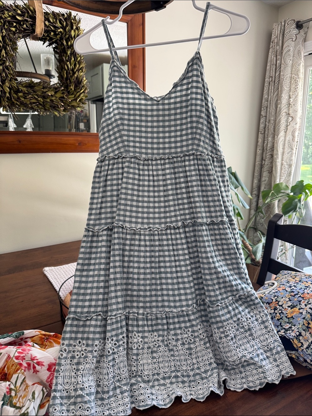 Jessica Simpson Green Gingham Tiered Eyelet Trim Sundress